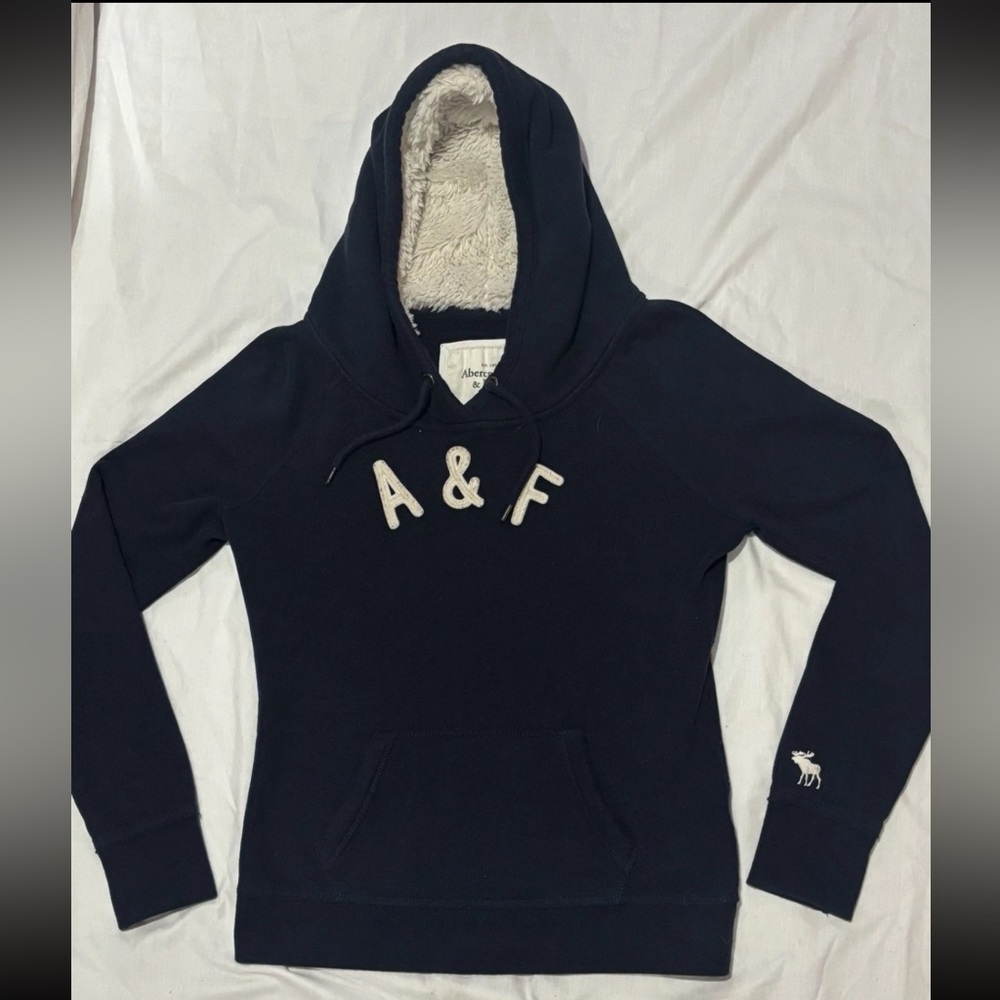 Abercrombie & Fitch Y2K Fur Hooded Navy Blue Woman’s SZ.L Pullover A&F Hoodie